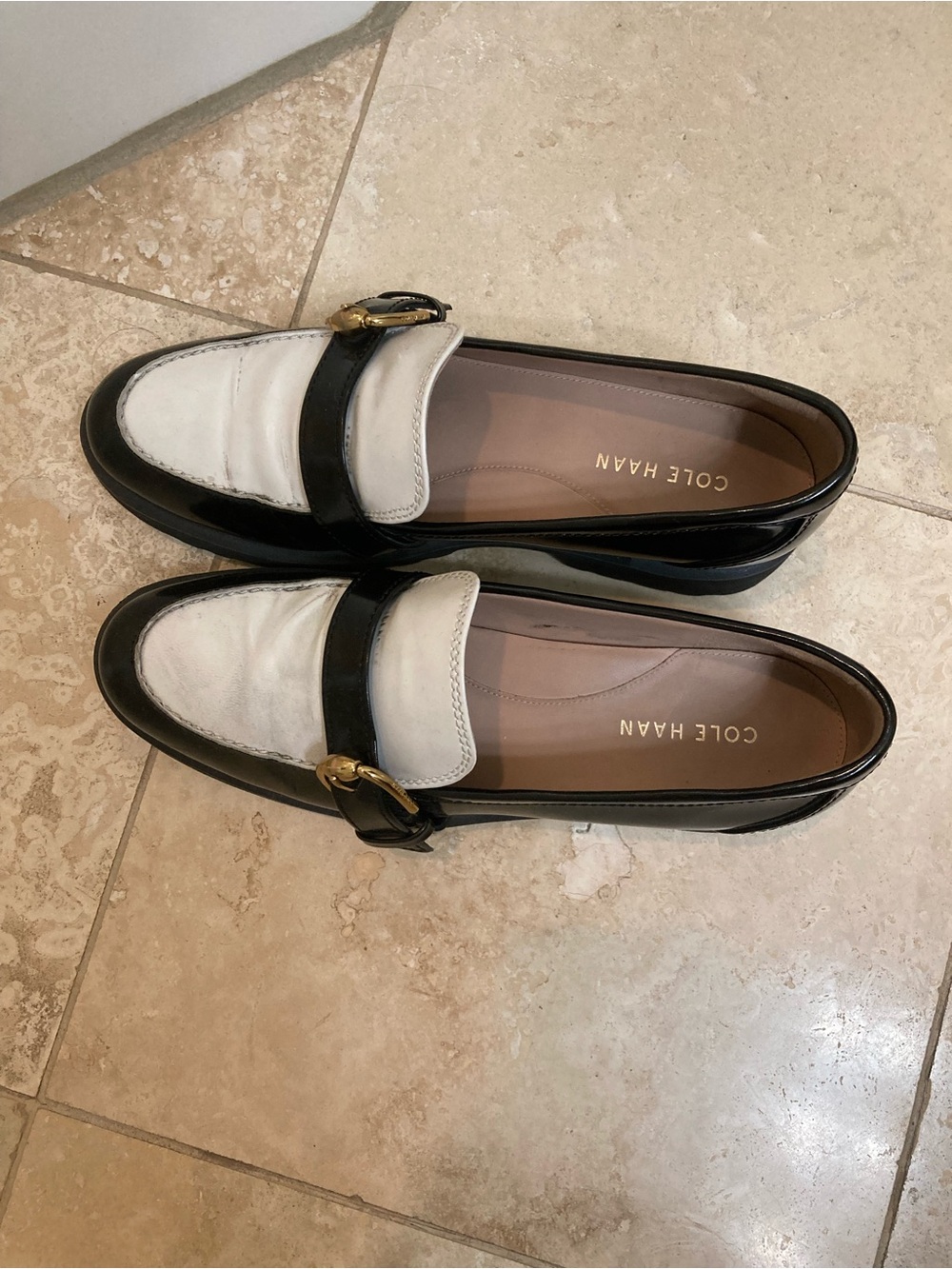 Cole Haan Black and White Leather Penny Loafers with Gold Buckle